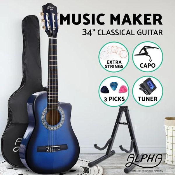 Alpha 34" Inch Guitar Classical Acoustic Cutaway Wooden Ideal Kids Gift Children 1/2 Size Blue with Capo Tuner Deals499