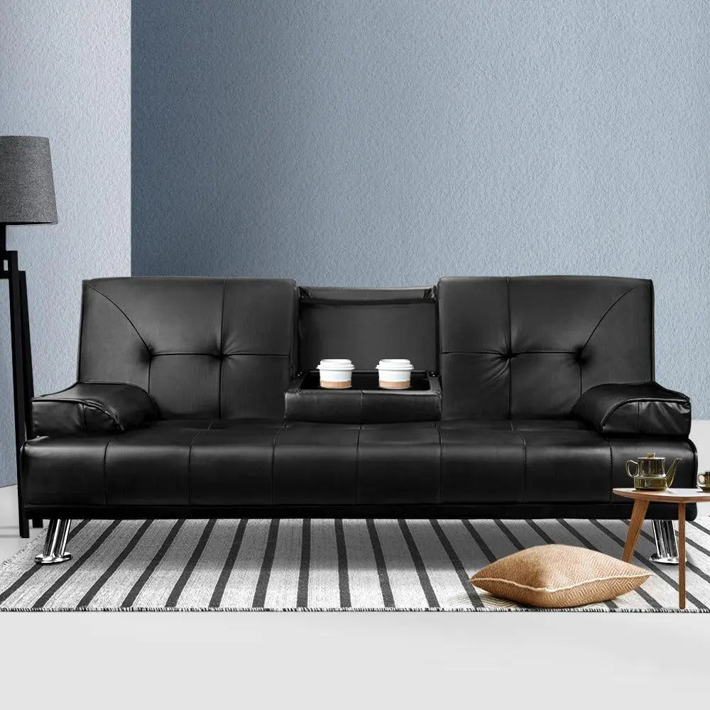 Artiss 3 Seater PU Leather Sofa Bed - Black Deals499