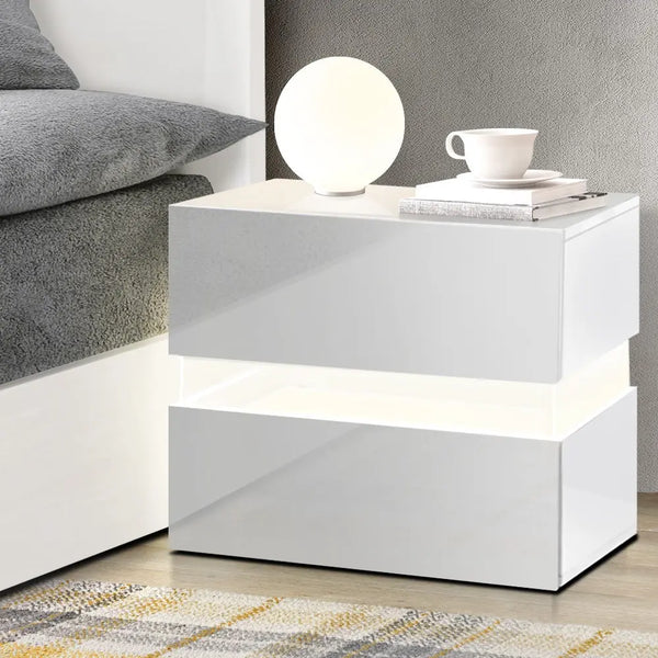 Artiss Bedside Table 2 Drawers RGB LED Side Nightstand High Gloss Cabinet White Deals499