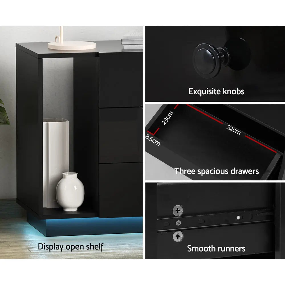 Artiss Bedside Tables Side Table RGB LED 3 Drawers Nightstand High Gloss Black Deals499