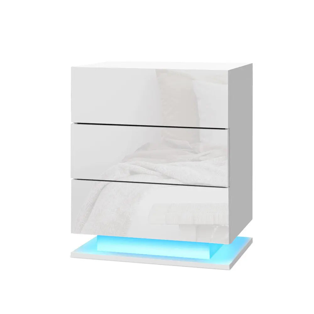 Artiss Bedside Tables Side Table RGB LED Lamp 3 Drawers Nightstand Gloss White Deals499