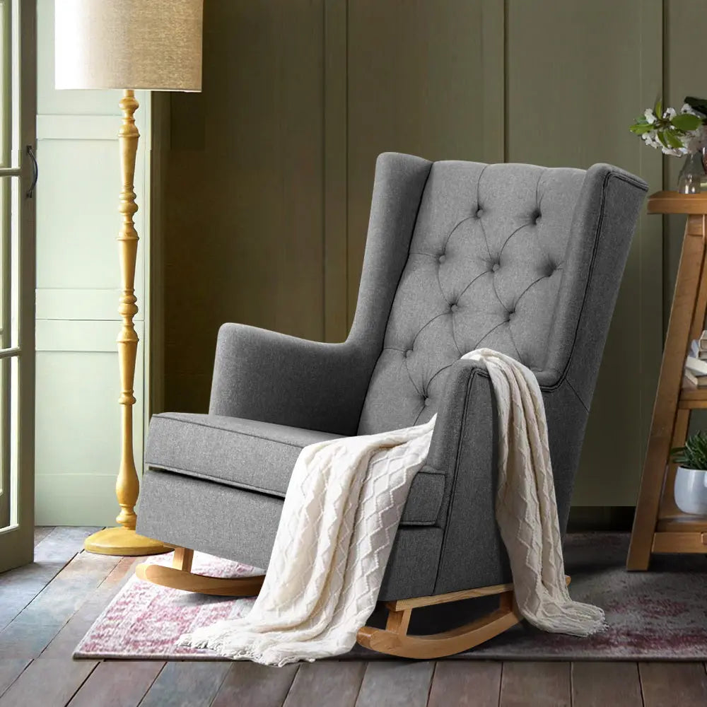 Artiss Rocking Armchair Feeding Chair Linen Fabric Armchairs Lounge Retro Grey Deals499