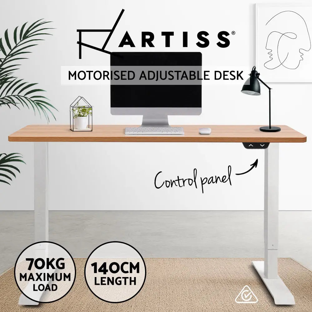 Artiss Standing Desk Adjustable Height Desk Electric Motorised White Frame Oak Desk Top 140cm Deals499