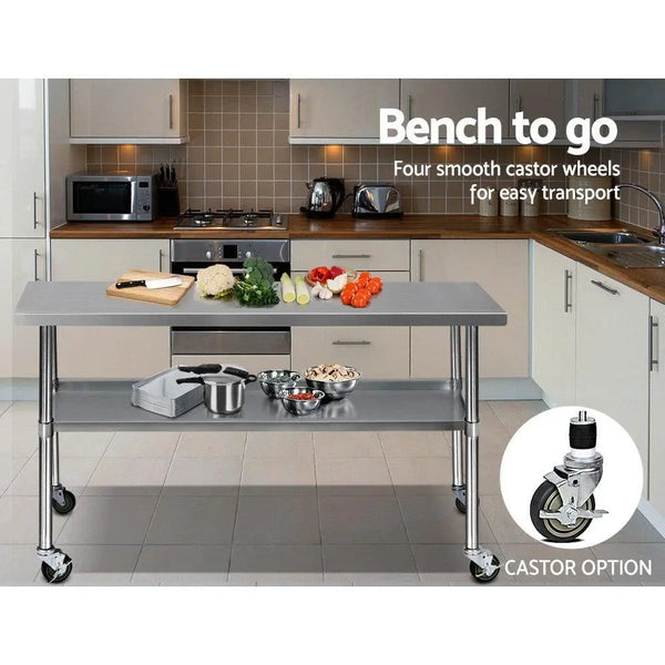 Cefito 430 Stainless Steel Kitchen Benches Work Bench Food Prep Table with Wheels 1829MM x 610MM Deals499