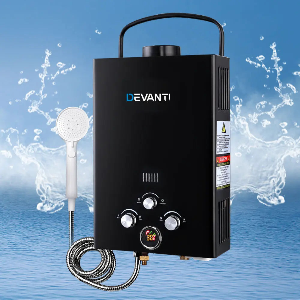 Devanti Outdoor Gas Hot Water Heater Portable Camping Shower 12V Pump Black Deals499