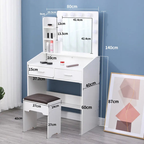 Diana Vanity Set with Shelves Cushioned Stool and Lighted Mirror- White Deals499