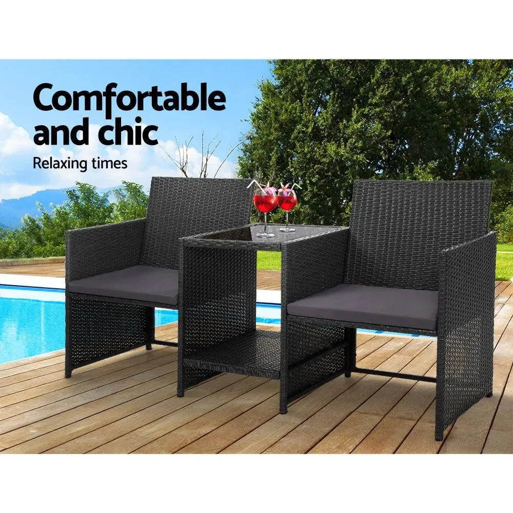 Gardeon Outdoor Setting Wicker Loveseat Birstro Set Patio Garden Furniture Black Deals499