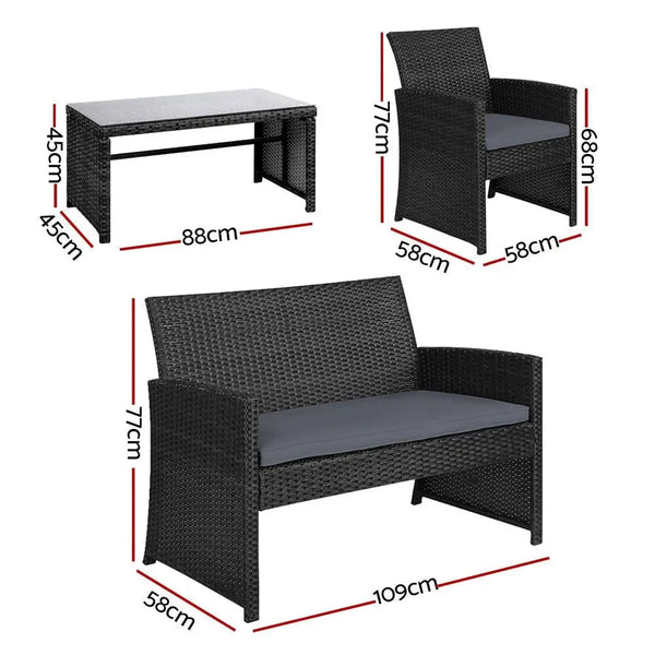 Gardeon Set of 4 Outdoor Wicker Chairs & Table - Black Deals499