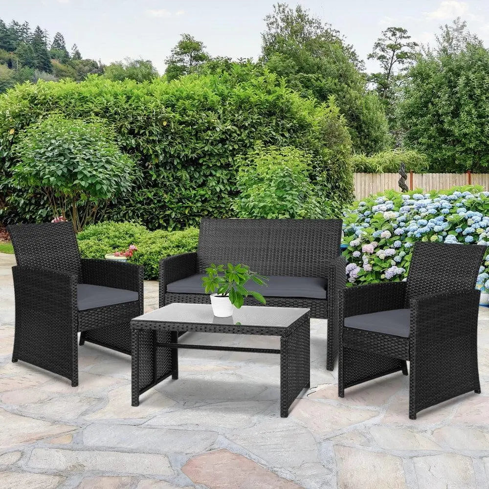 Gardeon Set of 4 Outdoor Wicker Chairs & Table - Black Deals499