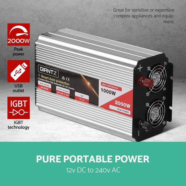 Giantz Power Inverter 1000W or 2000W Pure Sine Wave 12V-240V Camping Boat Caravan Deals499