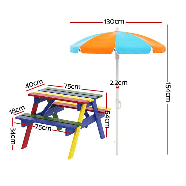 Keezi Kids Outdoor Table and Chairs Picnic Bench Seat Umbrella Colourful Wooden Deals499