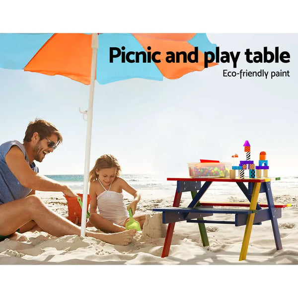 Keezi Kids Outdoor Table and Chairs Picnic Bench Seat Umbrella Colourful Wooden Deals499