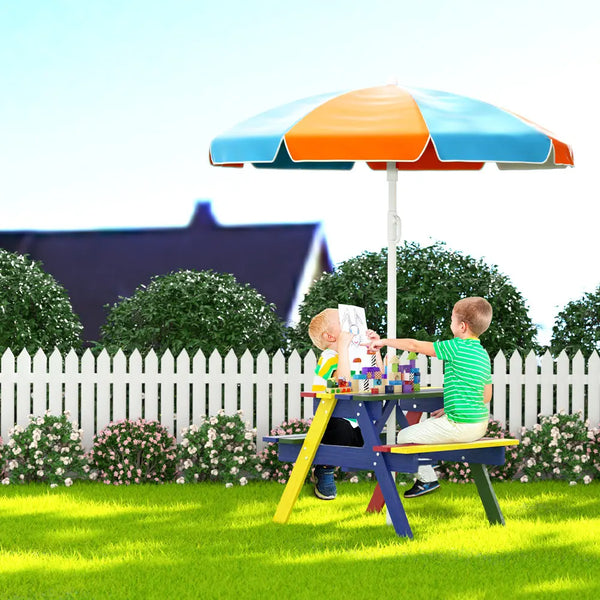 Keezi Kids Outdoor Table and Chairs Picnic Bench Seat Umbrella Colourful Wooden Deals499