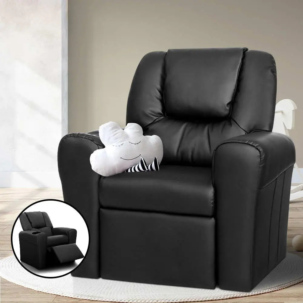 Keezi Kids Recliner Chair Black PU Leather Sofa Lounge Couch Children Armchair Deals499