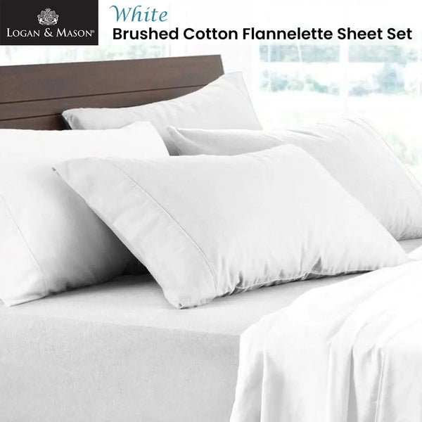 Logan and Mason Soft Brushed Cotton Flannelette Sheet Set White 40cm Wall King from Deals499 at Deals499