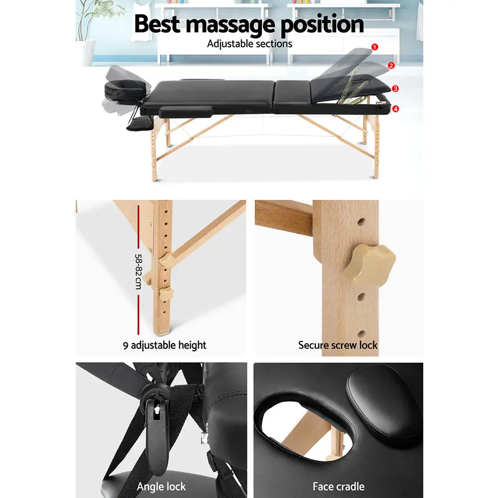 Zenses 60cm Wide Portable Wooden Massage Table 3 Fold Treatment Beauty Therapy Black Deals499