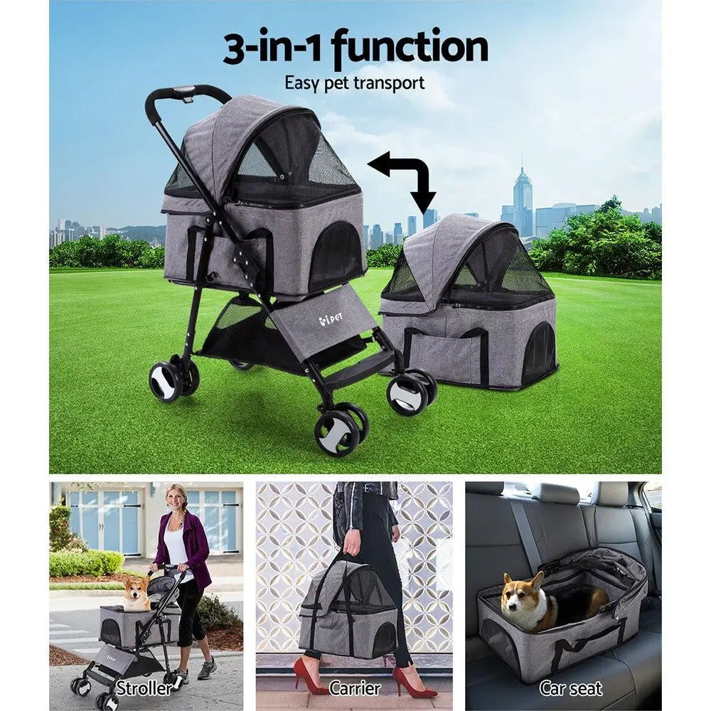 i.Pet Pet Stroller Dog Carrier Foldable Pram 3 IN 1 Middle Size Grey Deals499