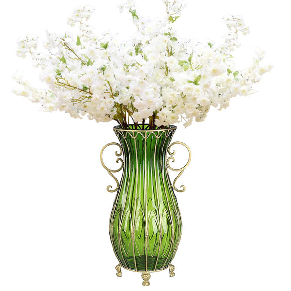 SOGA 51cm Green Glass Tall Floor Vase and 10pcs White Artificial Fake Flower Set Soga