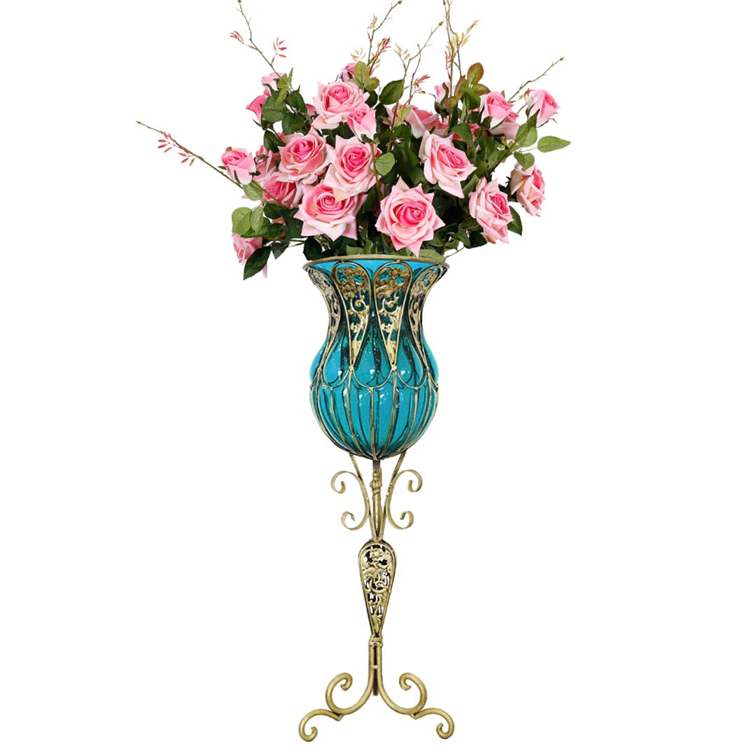 SOGA 85cm Blue Glass Tall Floor Vase and 12pcs Pink Artificial Fake Flower Set Soga