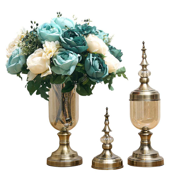 SOGA 2X Clear Glass Flower Vase with Lid and Blue Flower Filler Vase Bronze Set Soga