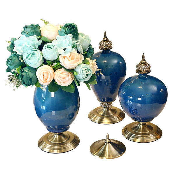 SOGA 3X Ceramic Oval Flower Vase with Blue Flower Set Dark Blue Soga