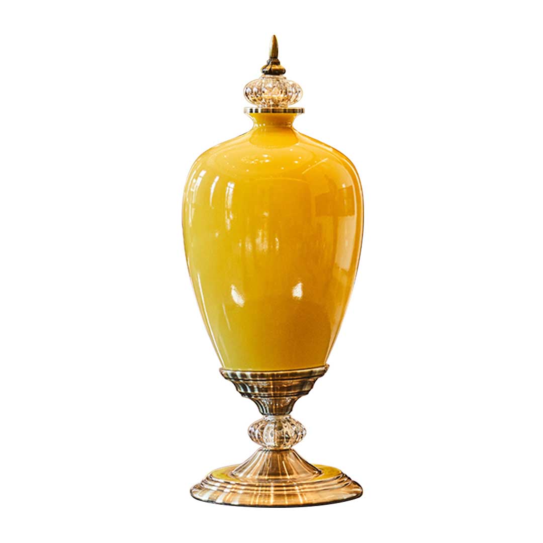 SOGA 42.50cm Ceramic Oval Flower Vase with Gold Metal Base Yellow Soga