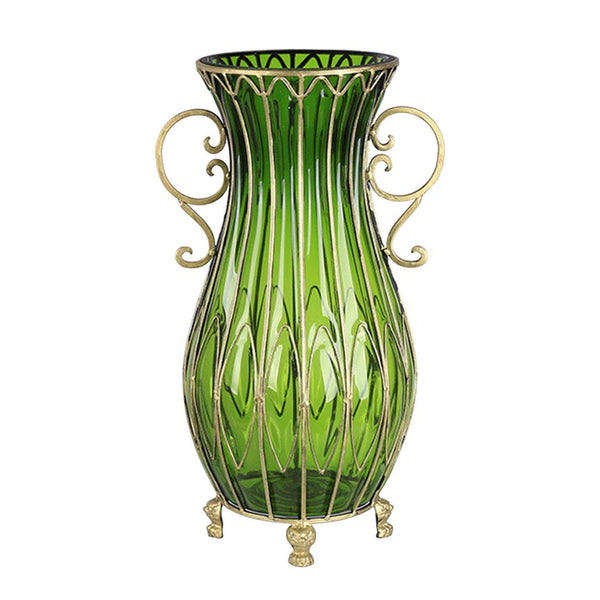 SOGA 51cm Green Glass Oval Floor Vase with Metal Flower Stand Soga