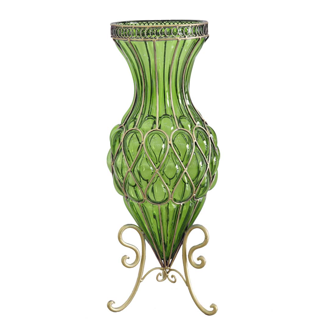 SOGA 67cm Green Glass Tall Floor Vase with Metal Flower Stand Soga