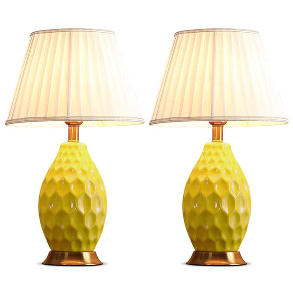 SOGA 2X Textured Ceramic Oval Table Lamp with Gold Metal Base Yellow Soga