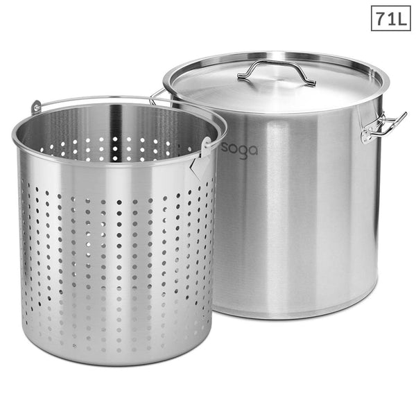 SOGA 71L 18/10 Stainless Steel Stockpot with Perforated Stock pot Basket Pasta Strainer Soga