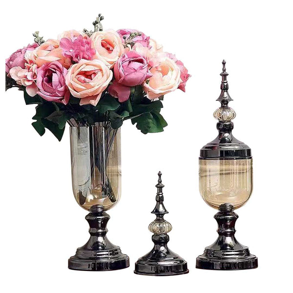 SOGA 2X Clear Glass Flower Vase with Lid and Pink Flower Filler Vase Black Set Soga