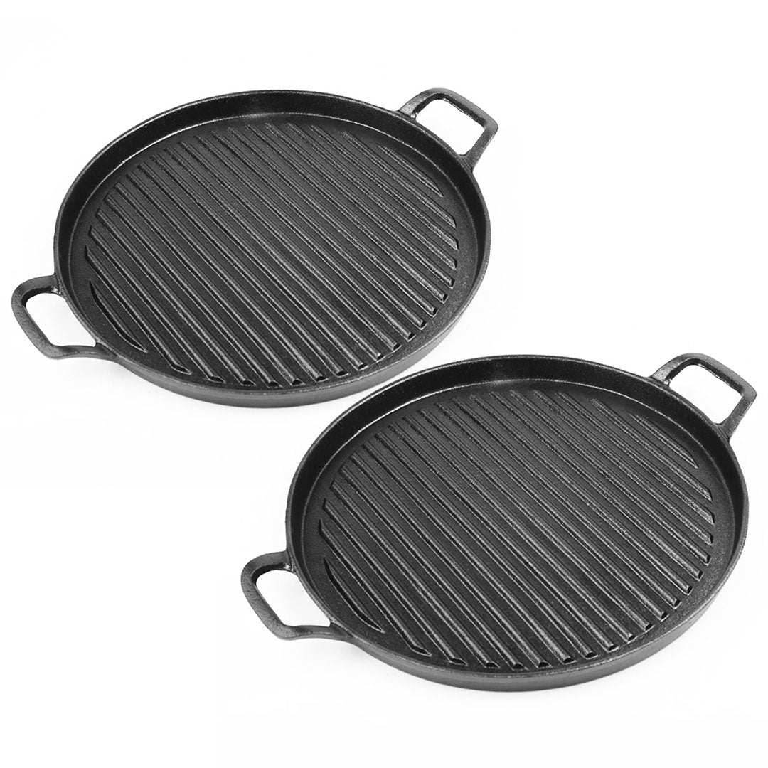 SOGA 2X 28cm Ribbed Cast Iron Frying Pan Skillet Coating Steak Sizzle Platter Soga