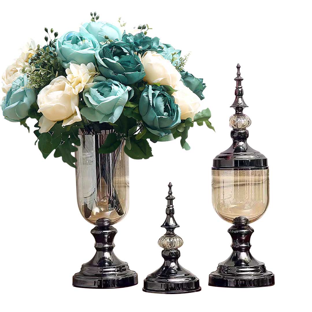 SOGA 2X Clear Glass Flower Vase with Lid and Blue Flower Filler Vase Black Set Soga