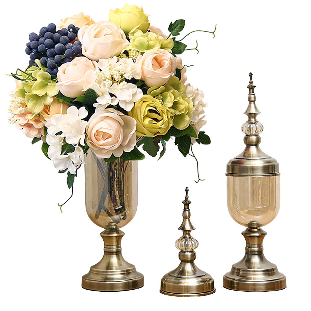 SOGA 2X Clear Glass Flower Vase with Lid and White Flower Filler Vase Bronze Set Soga