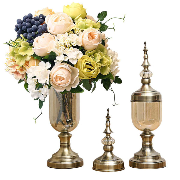 SOGA 2X Clear Glass Flower Vase with Lid and White Flower Filler Vase Bronze Set Soga