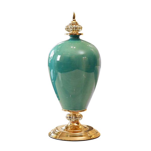 SOGA 42.50cm Ceramic Oval Flower Vase with Gold Metal Base Green Soga