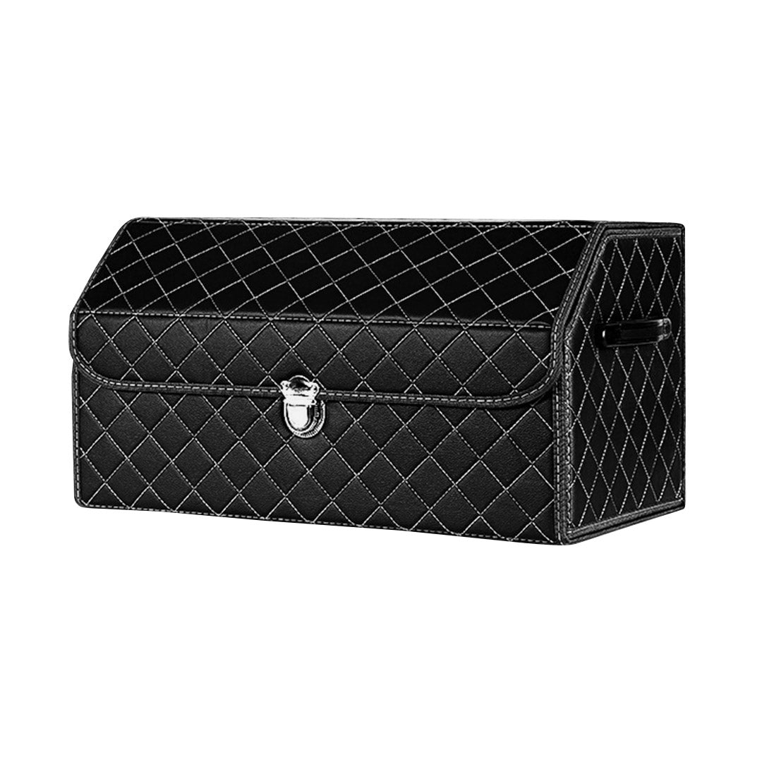 SOGA Leather Car Boot Collapsible Foldable Trunk Cargo Organizer Portable Storage Box Black/White Stitch with Lock Medium Soga