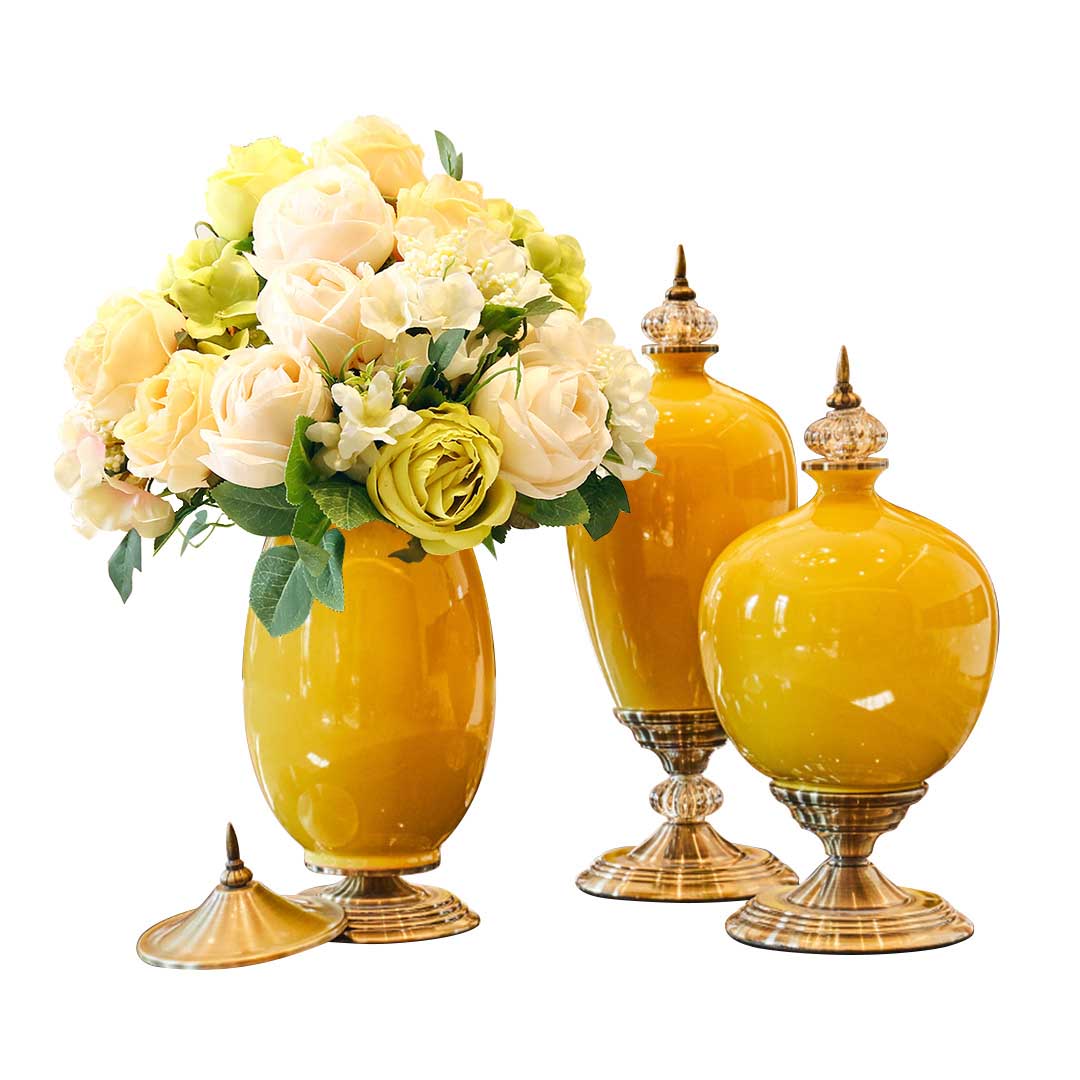 SOGA 3X Ceramic Oval Flower Vase with White Flower Set Yellow Soga