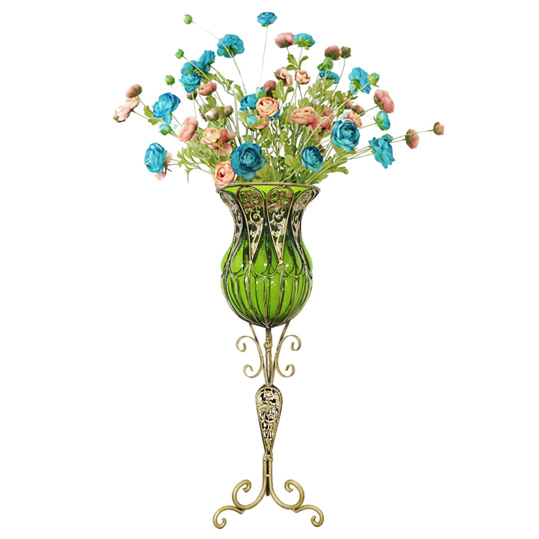 SOGA 85cm Green Glass Tall Floor Vase and 12pcs Blue Artificial Fake Flower Set Soga