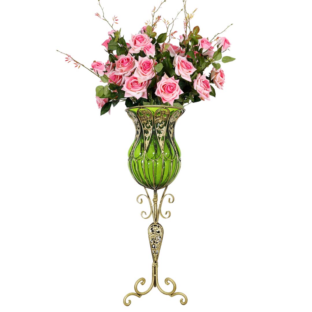 SOGA 85cm Green Glass Tall Floor Vase and 12pcs Pink Artificial Fake Flower Set Soga