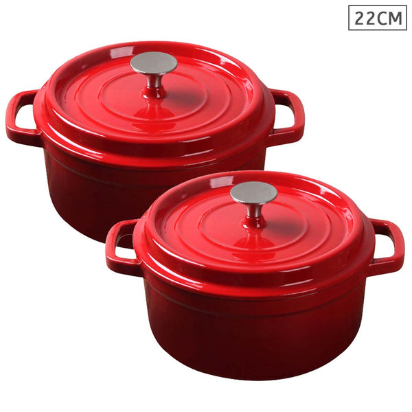 SOGA 2X Cast Iron 22cm Enamel Porcelain Stewpot Casserole Stew Cooking Pot With Lid Red Soga