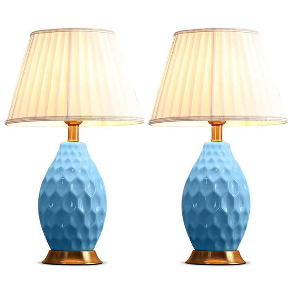 SOGA 2X Textured Ceramic Oval Table Lamp with Gold Metal Base Blue Soga