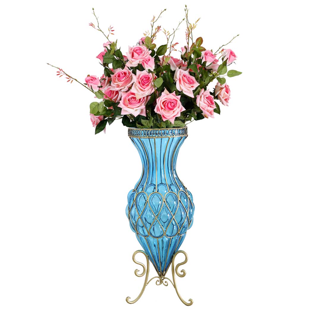 SOGA 67cm Blue Glass Tall Floor Vase and 12pcs Pink Artificial Fake Flower Set Soga