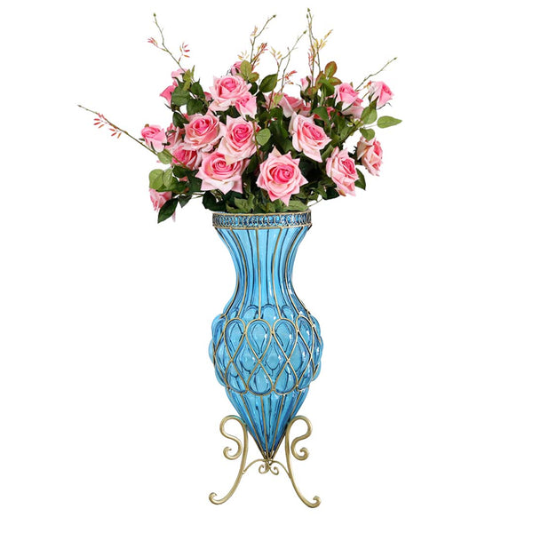 SOGA 67cm Blue Glass Tall Floor Vase and 12pcs Pink Artificial Fake Flower Set Soga