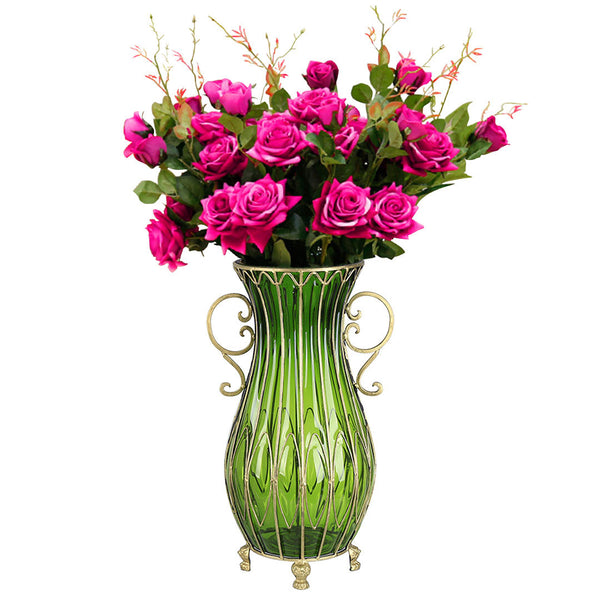 SOGA 51cm Green Glass Tall Floor Vase with 12pcs Artificial Fake Flower Set Soga