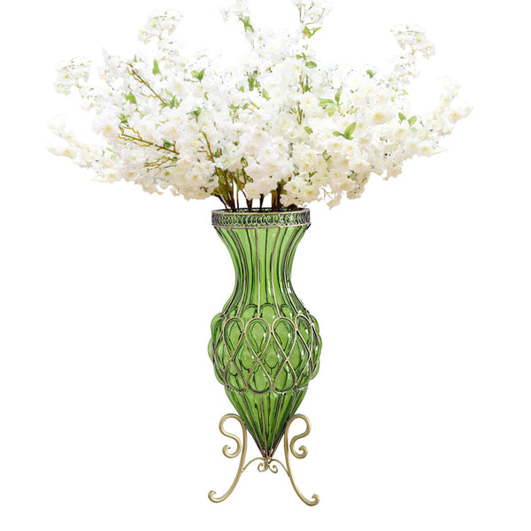 SOGA 67cm Green Glass Tall Floor Vase with 10pcs White Artificial Fake Flower Set Soga