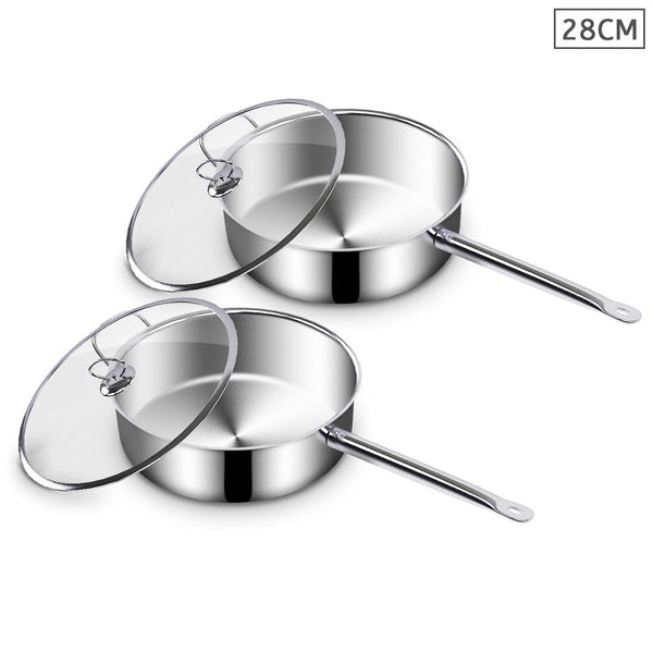 SOGA 2X 28cm Stainless Steel Saucepan Sauce pan with Glass Lid and Helper Handle Triple Ply Base Cookware Soga