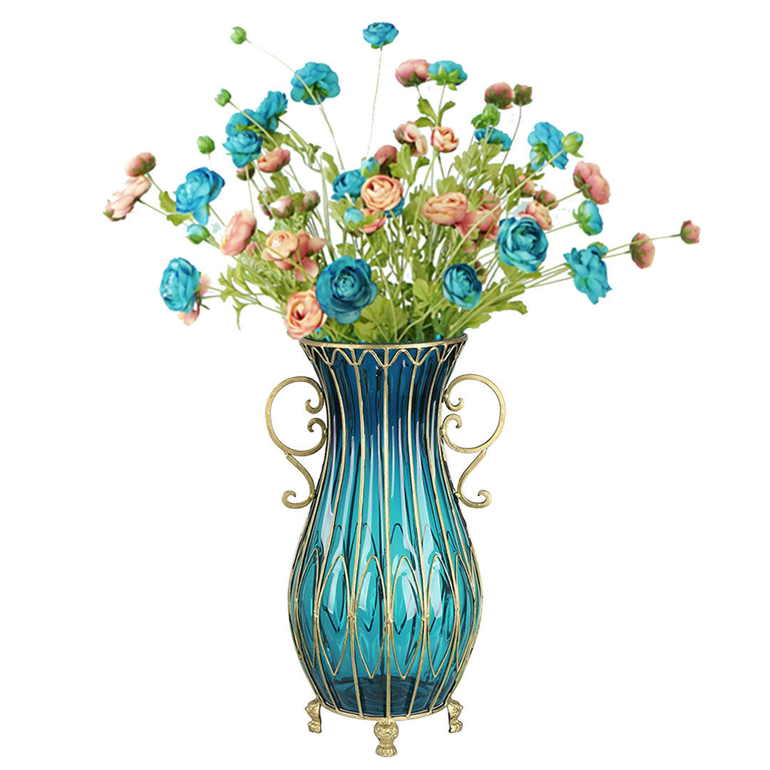 SOGA 51cm Blue Glass Tall Floor Vase with 12pcs Artificial Fake Flower Set Soga