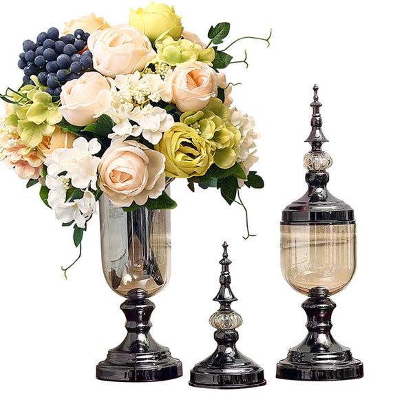 SOGA 2X Clear Glass Flower Vase with Lid and White Flower Filler Vase Black Set Soga