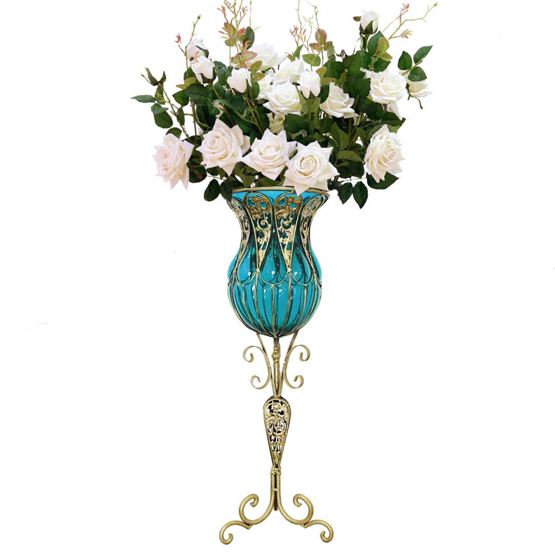 SOGA 85cm Blue Glass Tall Floor Vase and 12pcs White Artificial Fake Flower Set Soga